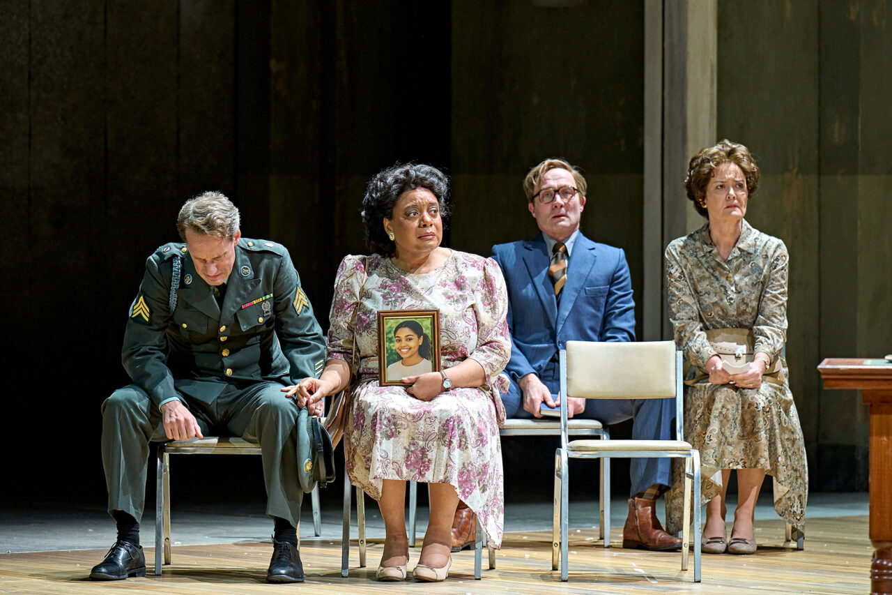 Jacques Imbrailo, Gweneth Ann Rand, Hubert Francis, Catherine Carby as the grieving parents in ENO’s Dead Man Walking 2025 © Manuel Harlan