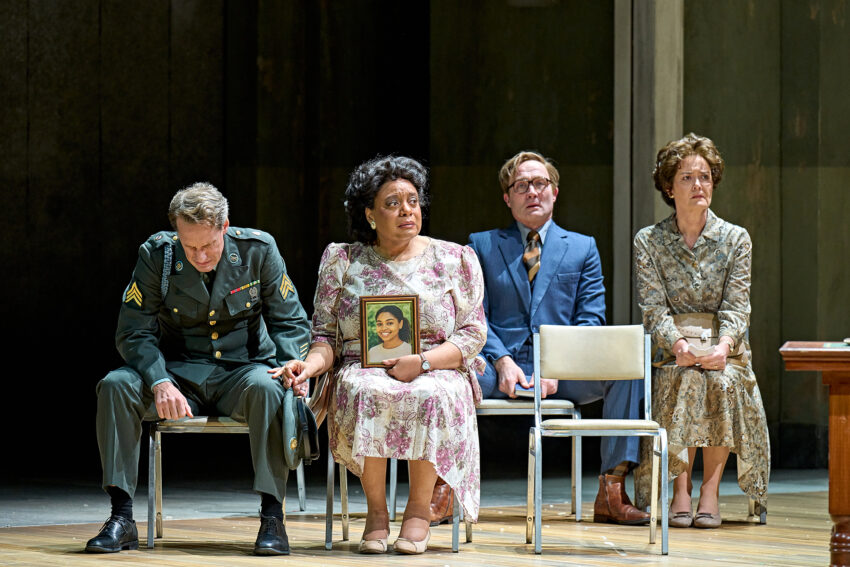 Jacques Imbrailo, Gweneth Ann Rand, Hubert Francis, Catherine Carby as the grieving parents in ENO’s Dead Man Walking 2025 © Manuel Harlan