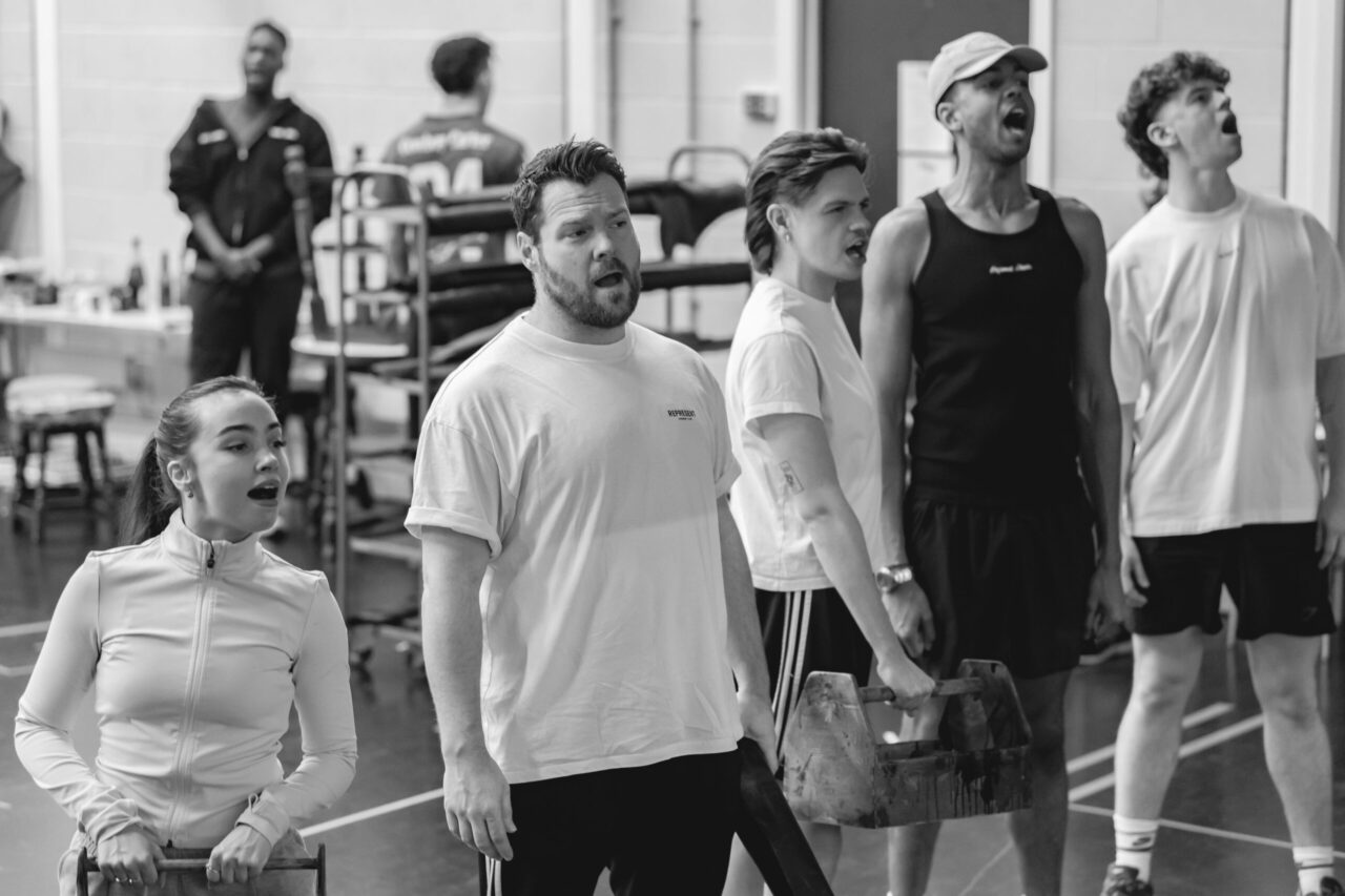 Full Cast Rehearsal Group Shot. Left to Right: Kaya Farrugia, Andy Barke, Liam McEvoy, Kofi Dennis & Cole Dunn in rehearsals for KINKY BOOTS, credit Matt Crockett