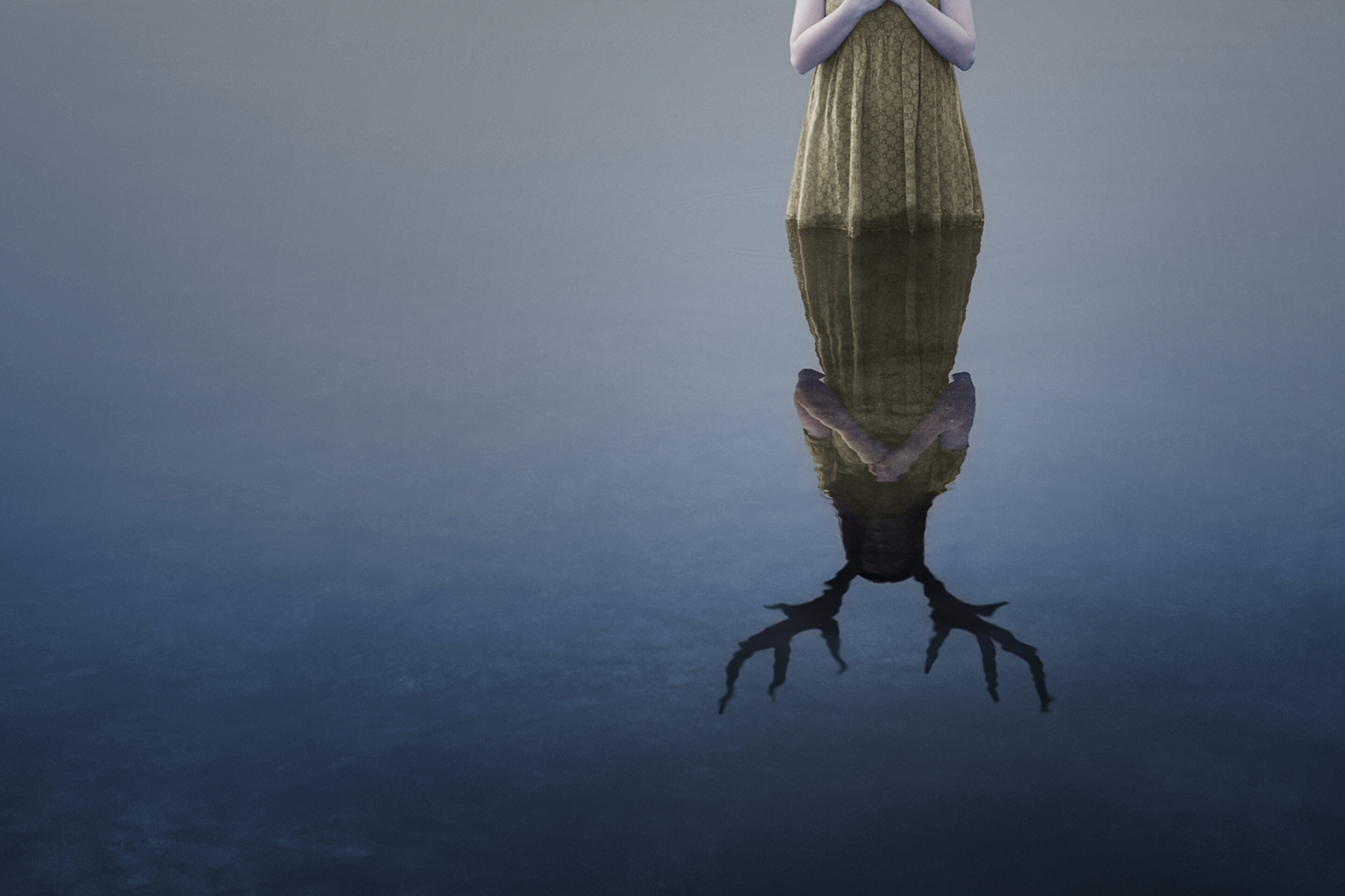 A person in a dress stands at the edge of calm water; their reflection reveals a stag’s antlers and head, evoking the surreal, dreamlike atmosphere.