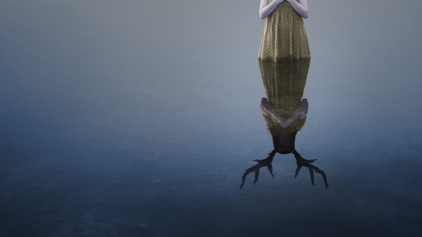A person in a dress stands at the edge of calm water; their reflection reveals a stag’s antlers and head, evoking the surreal, dreamlike atmosphere.