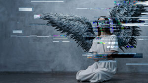 A woman in a white dress kneels on the floor with large, dark angel wings against a grey wall. Digital glitch effects obscure parts of her body and wings.