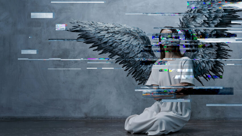 A woman in a white dress kneels on the floor with large, dark angel wings against a grey wall. Digital glitch effects obscure parts of her body and wings.