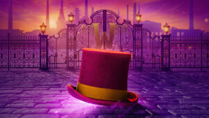 Image of a purple top hat in front of closed factory gates with a large gold W on the front of them - Lead image for CHARLIE AND THE CHOCOLATE FACTORY THE MUSICAL at the London Coliseum