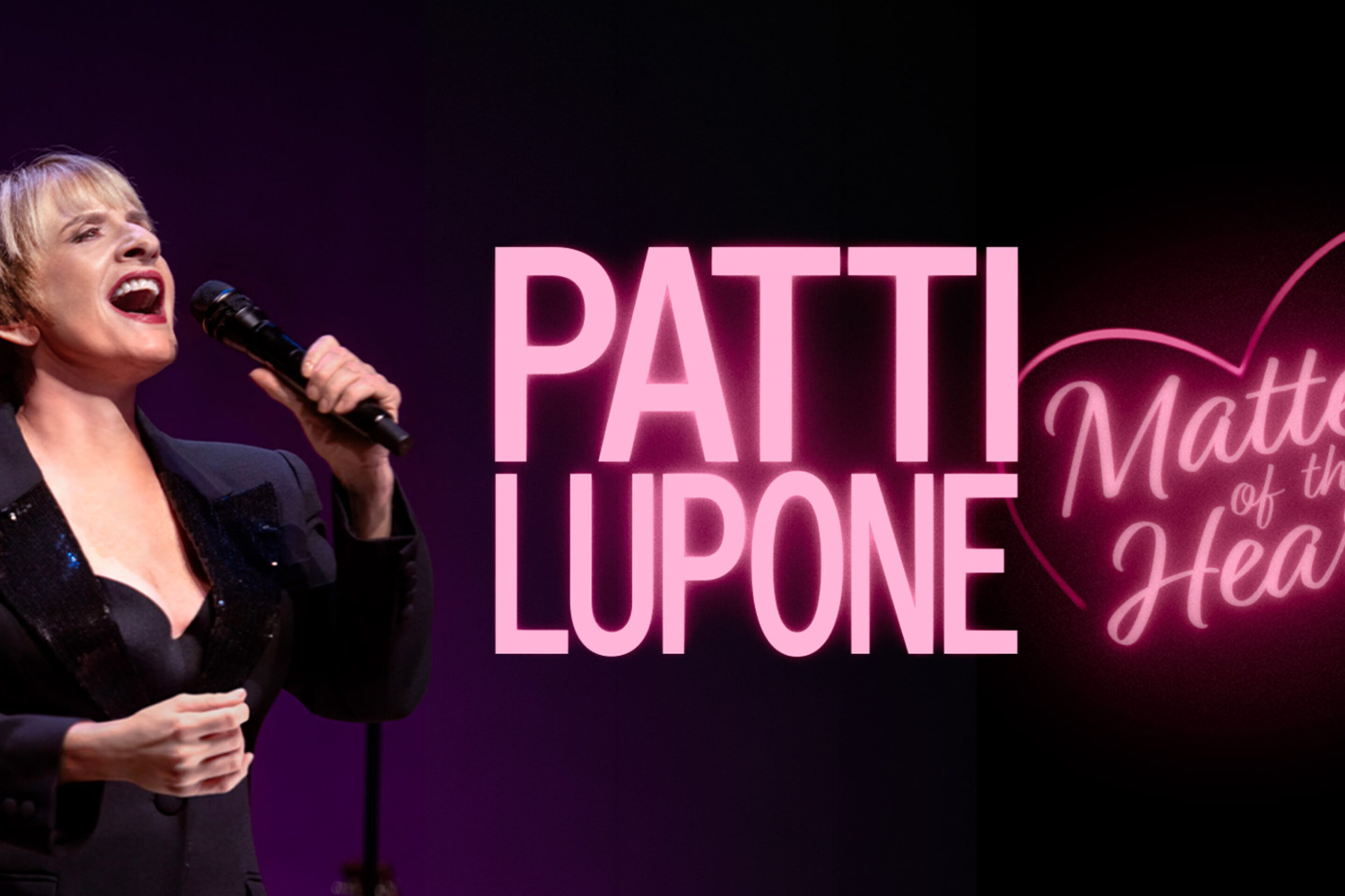 Image of Patti LuPone singing with Matters of the Heart text