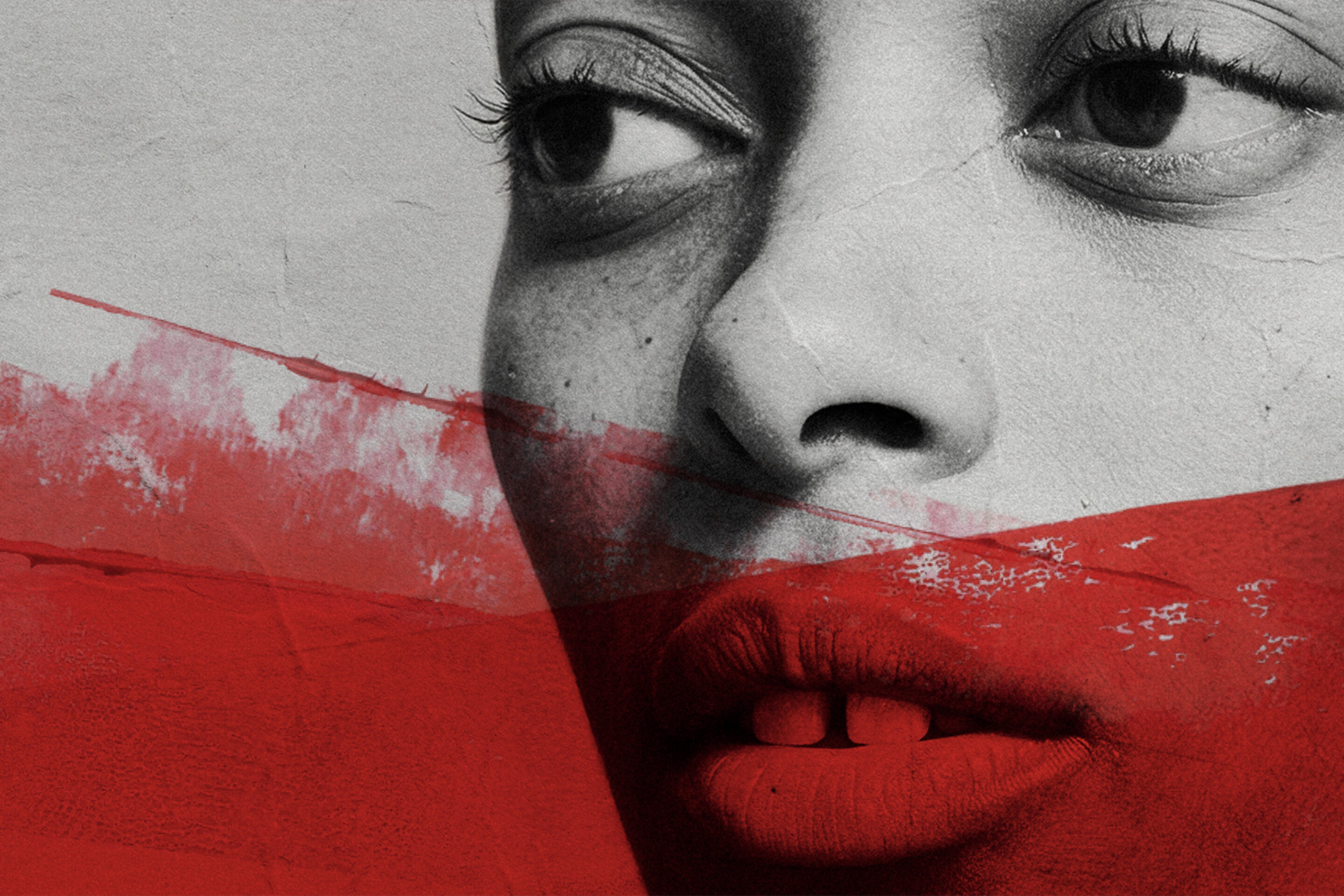 A close-up of a woman's face in black and white with a serious expression, overlaid with bold red brushstrokes across her lips and lower face.